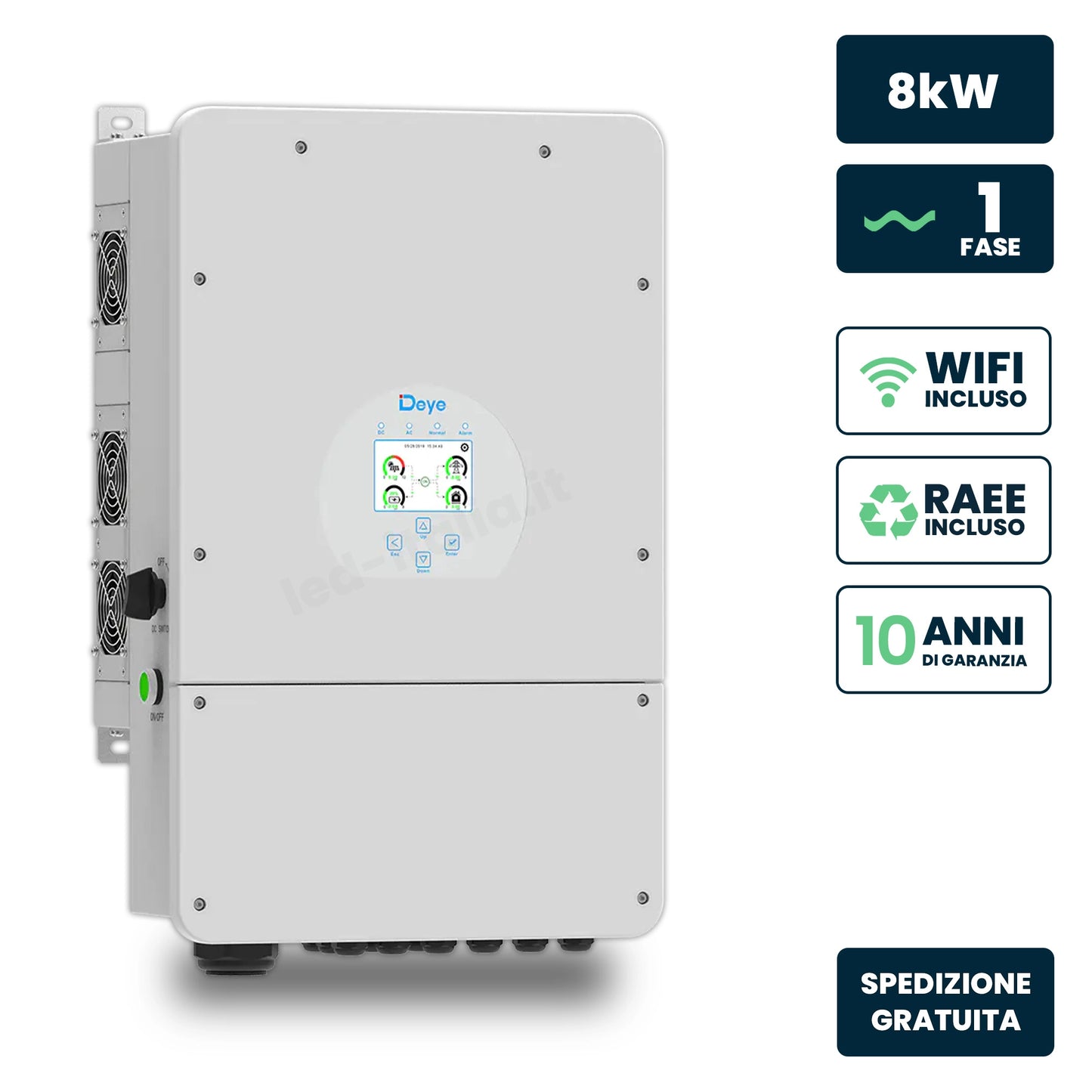 Inverter Fotovoltaico Deye Monofase Ibrido On-Grid/Off-Grid 8kW, Doppio MPPT, Senza CEI 0-21, Schermo LCD Touch, WiFi e TA Inclusi, Garanzia 10 Anni Bianco IP65