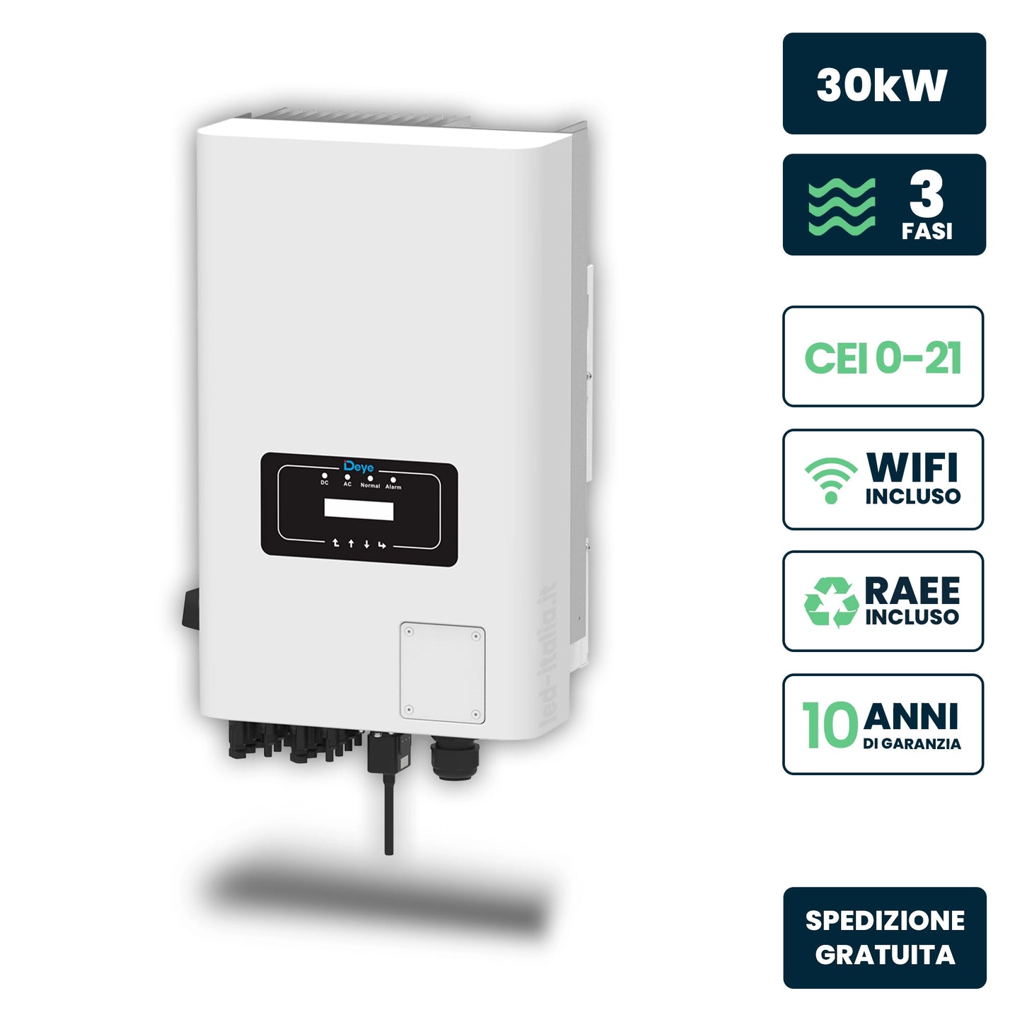 Inverter Fotovoltaico Deye Trifase di Rete On-Grid 30kW CEI 0-21 con Schermo LCD, Inclusi TA e WiFi Garanzia 10 Anni IP65
