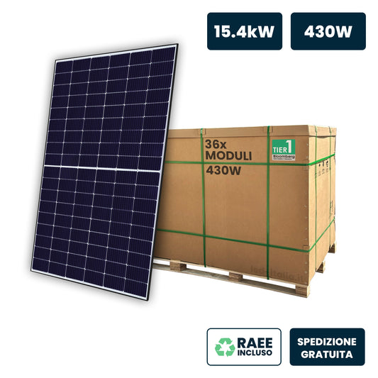 Bancale 15kW con 36 Pannelli Solari Fotovoltaici Moduli 430W TIER-1 TOPCon Black Frame IP67/IP68 1722x1134x30mm