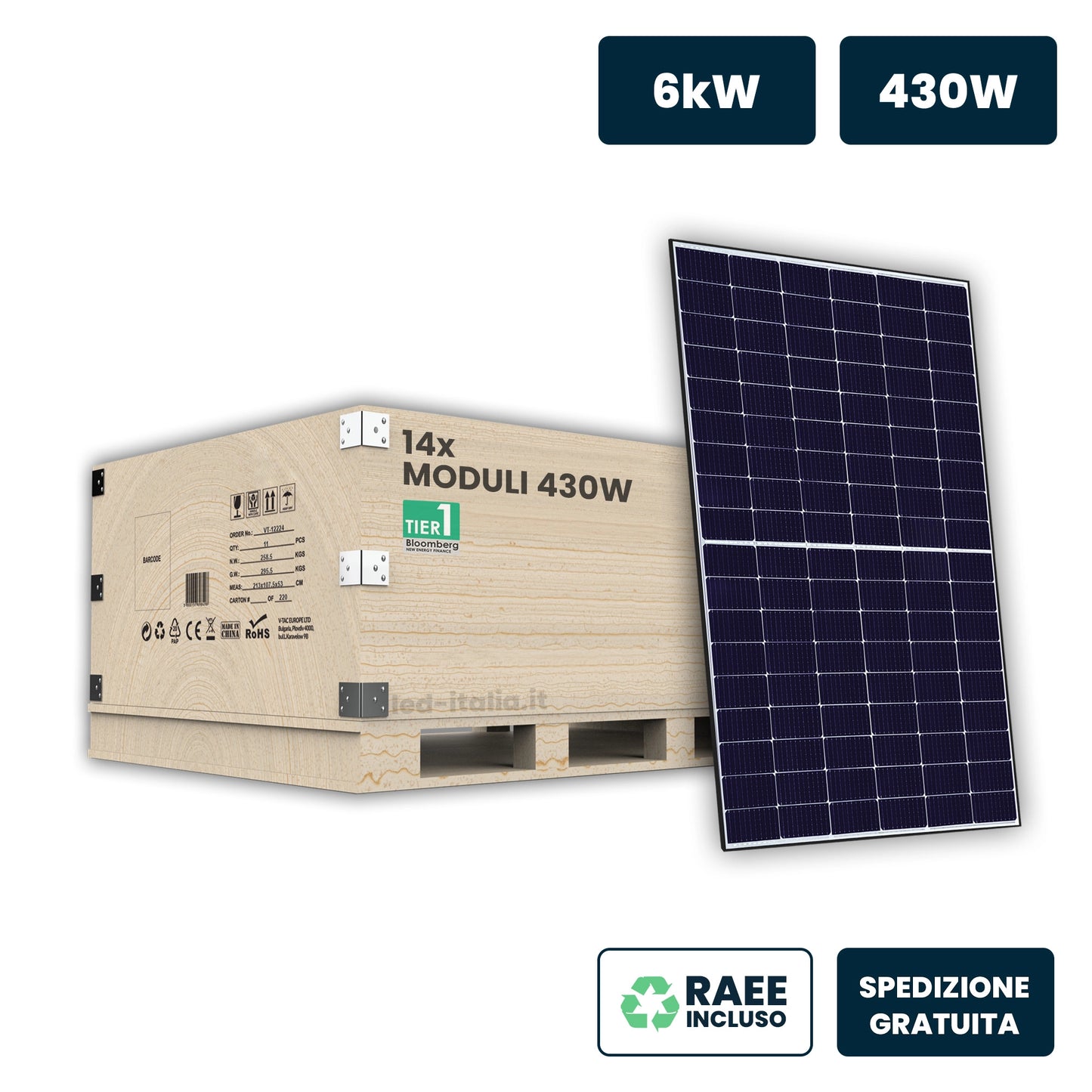 Set 6kW con 14 Pannelli Solari Fotovoltaici Moduli 430W TIER-1 TOPCon Black Frame IP67/IP68 1722x1134x30mm