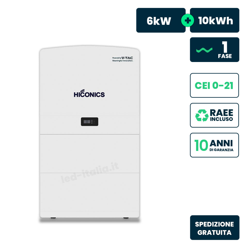 Inverter Fotovoltaico Hiconics (Midea) Monofase Ibrido Alta Tensione 6kW All In One con Accumulo LFP 10kWh, 2 MPPT, CEI 0-21, WiFi Meter, Garanzia 10 Anni IP65