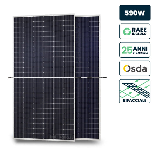 Pannello Solare Fotovoltaico Modulo 590W Bifacciale Austa OSDA Solar TIER-1 Monocristallino N-Type TOPCon Silver Frame IP67/IP68 2278x1134x30mm