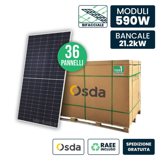 Bancale 21kW con 36 Pannelli Solari Fotovoltaici Moduli 590W Bifacciali Austa OSDA Solar TIER-1 Monocristallini NType TOPCon Silver Frame IP67 IP68 2278x1134x30mm