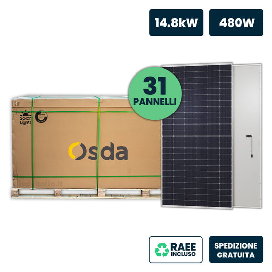 Bancale 14kW con 31 Pannelli Solari Fotovoltaici Moduli 480W OSDA Solar TIER-1 Monocristallini N-Type TOPCon Silver Frame IP67/IP68 1903x1134x30mm