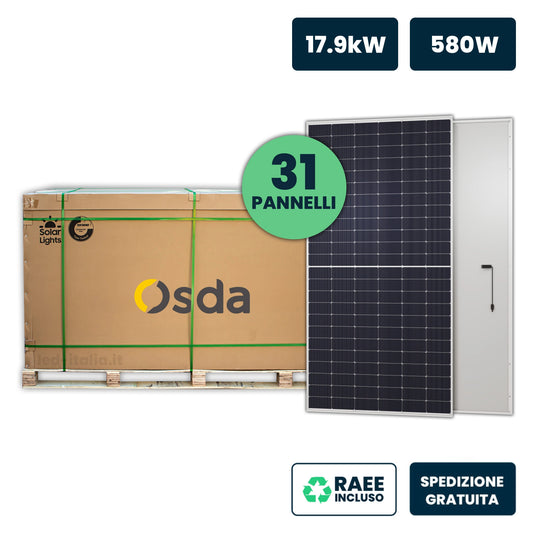 Bancale 18kW con 31 Pannelli Solari Fotovoltaici Moduli 580W OSDA Solar TIER-1 Monocristallini N-Type TOPCon Silver Frame IP67/IP68 2278x1134x30mm