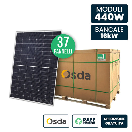 Bancale 16kW con 37 Pannelli Solari Fotovoltaici Moduli 440W OSDA Solar TIER-1 Monocristallini N-Type TOPCon Silver Frame IP67/IP68 1722x1134x30mm