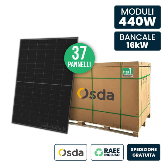 Bancale 16kW con 37 Pannelli Solari Fotovoltaici Moduli 440W OSDA Solar TIER-1 Monocristallini N-Type TOPCon Full Black IP67/IP68 1722x1134x30mm