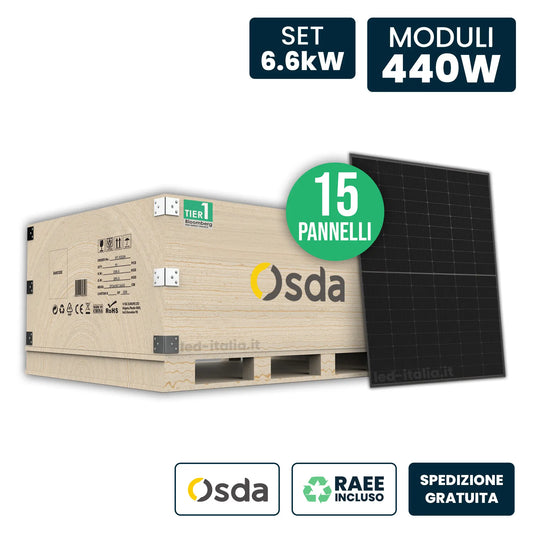 Set 6kW con 15 Pannelli Solari Fotovoltaici Moduli 440W OSDA Solar TIER-1 Monocristallini N-Type TOPCon Full Black IP67/IP68 1722x1134x30mm