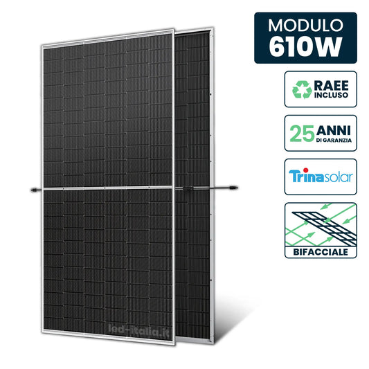 Pannello Solare Fotovoltaico Modulo 610W Bifacciale Trina Solar Vertex N Monocristallino N-Type i-TOPCon Silver Frame IP67/IP68 2382x1134x30mm