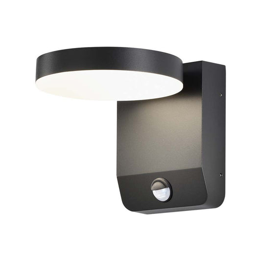 17W LED Wall Light with Sensor 3000K Black Body Round IP65