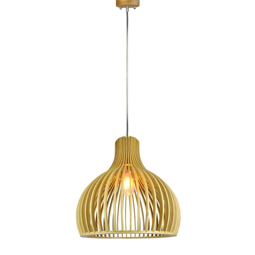Wooden Pendant Light with Chrome Decorative Cap + Canopy + Lampshade Cone Cave D450*H450mm