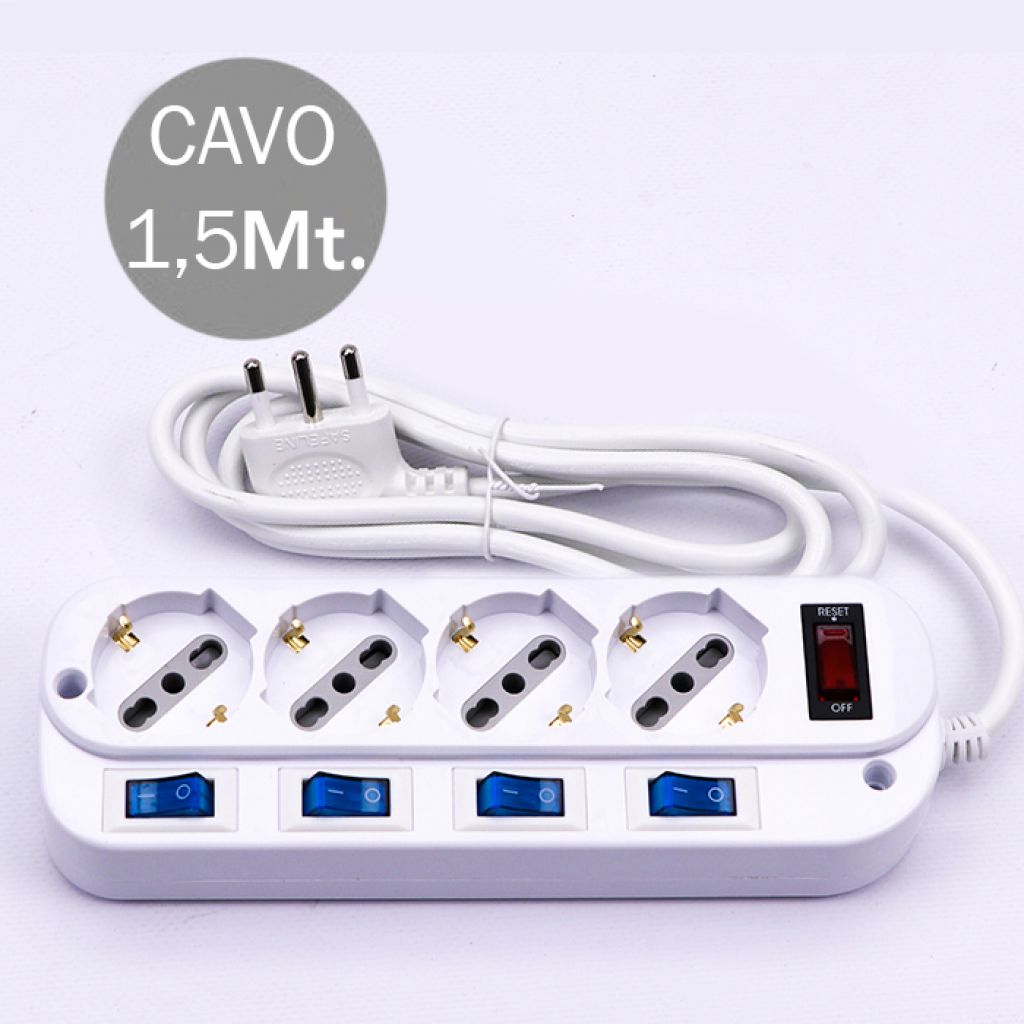 Multipresa con Cavo 1,5m e 4x Prese Bipasso/Schuko 10/16A, Spina 16A e Interruttori Indipendenti + Generale Colore Bianco