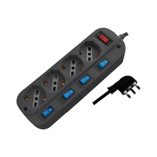 Multipresa con Cavo 1,5m e 4x Prese Bipasso/Schuko 10/16A, Spina 16A e Interruttori Indipendenti + Generale Colore Nero