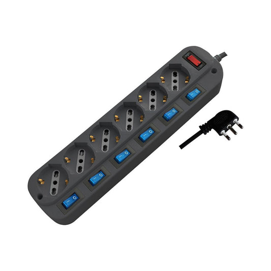 Multipresa con Cavo 1,5m e 6x Prese Bipasso/Schuko 10/16A, Spina 16A e Interruttori Indipendenti + Generale Colore Nero