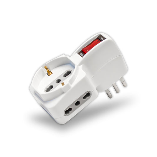 Adattatore Spina 10A 2 Prese 2P+T 10/16A Bipasso+1 Presa Bipasso/Schuko Con Protezione De Sovraccarico Max:1500W