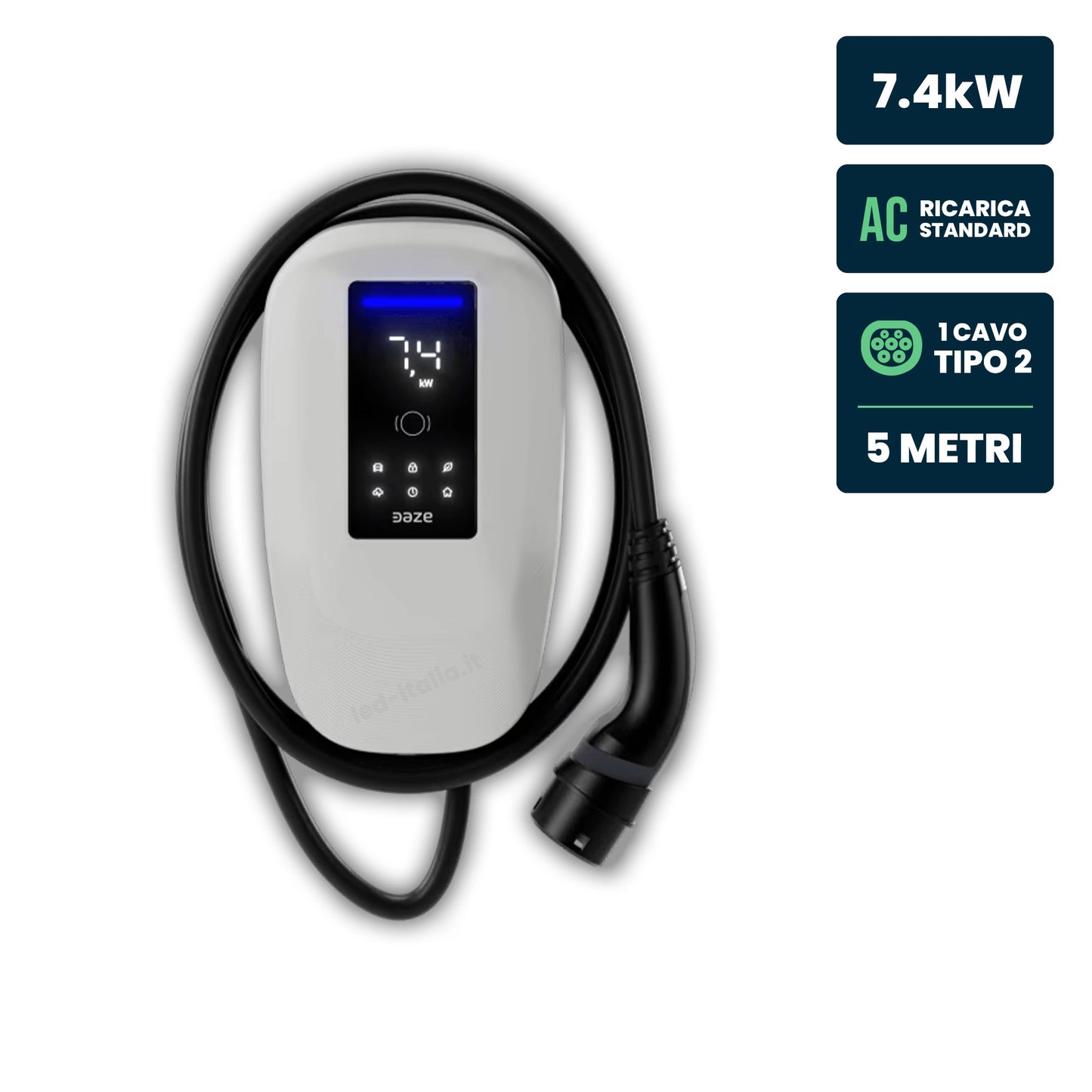 Stazione di Ricarica Dazebox Home T 7.4kW Monofase 32A, IP55 IK10, WiFi e Bluetooth, Wall Box Bianco con Schermo, 3 Tessere RFID Incluse, Cavo Tipo 2 Lunghezza 5m