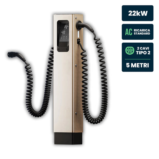 Colonnina di Ricarica Urban T 2x22kW Doppio Cavo 5m IP55 IK10 Display LCD e RFID
