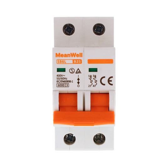 Interruttore Magnetetermico MeanWell Curva B 2P 2M 6kA B25A AC 400V IP20 IEC60898