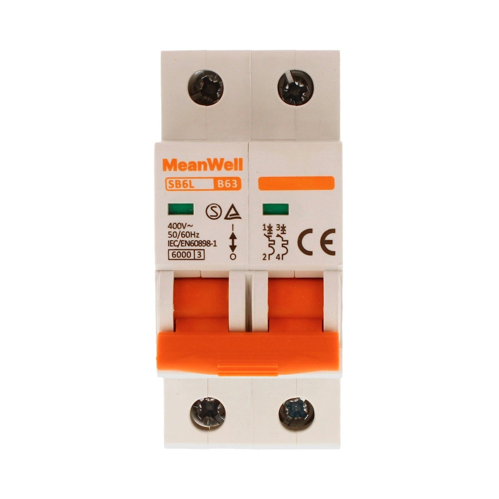 Interruttore Magnetetermico MeanWell Curva B 2P 2M 6kA B63A AC 400V IP20 IEC60898