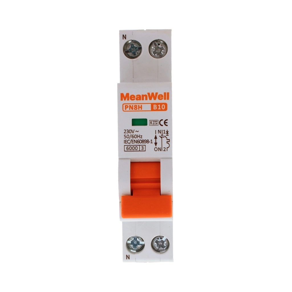Interruttore Magnetetermico MeanWell Curva B 1 Polo+Neutro 1M 6kA B10A AC 230V IP20 IEC60898