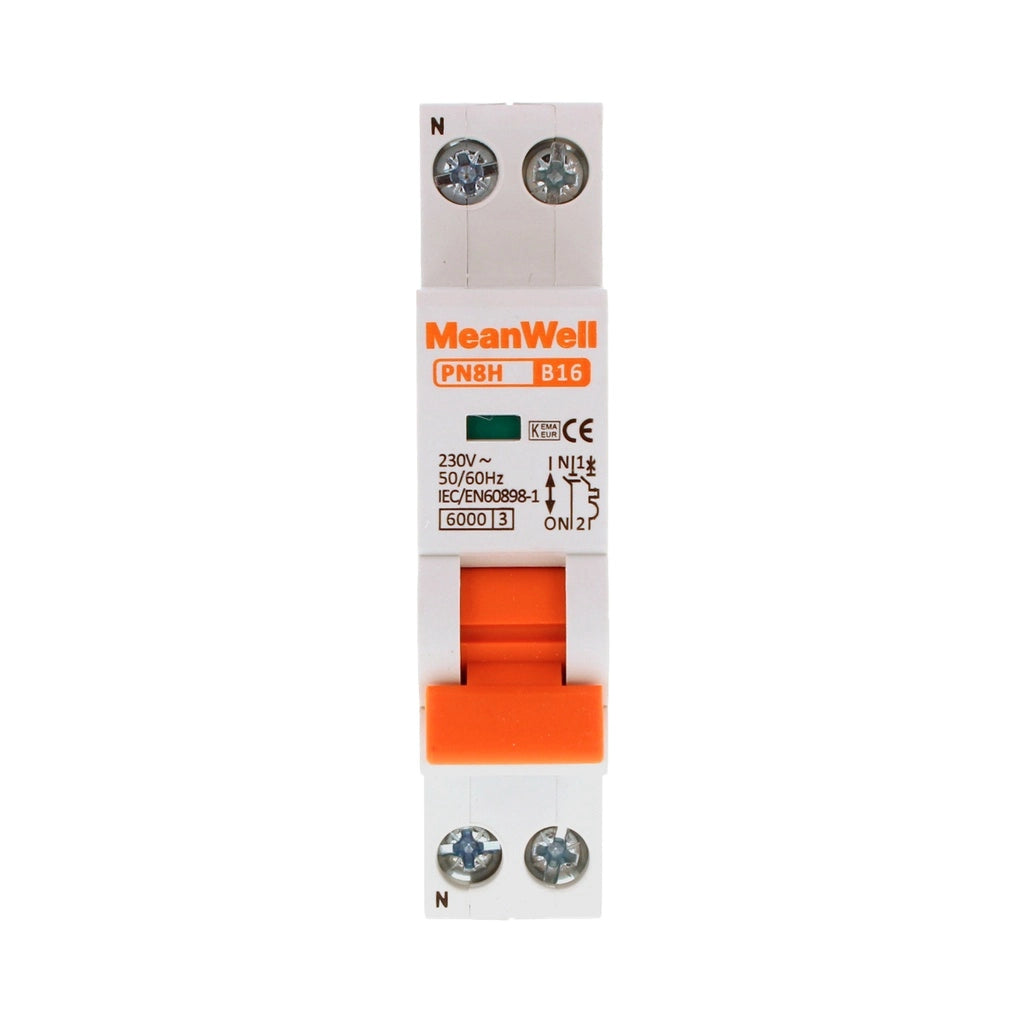 Interruttore Magnetetermico MeanWell Curva B 1 Polo+Neutro 1M 6kA B16A AC 230V IP20 IEC60898