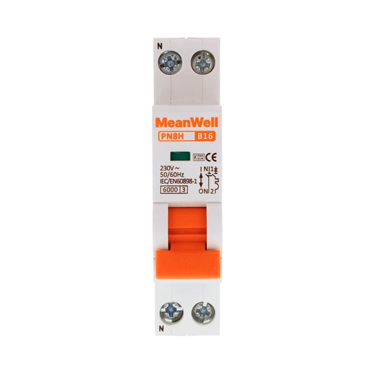 Interruttore Magnetetermico MeanWell Curva B 1 Polo+Neutro 1M 6kA B16A AC 230V IP20 IEC60898