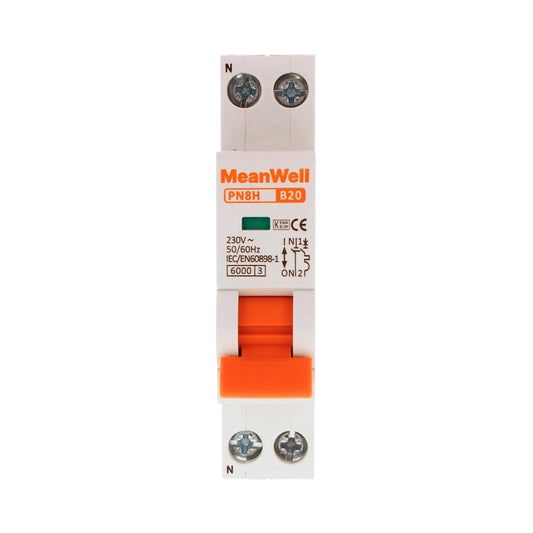 Interruttore Magnetetermico MeanWell Curva B 1 Polo+Neutro 1M 6kA B20A AC 230V IP20 IEC60898