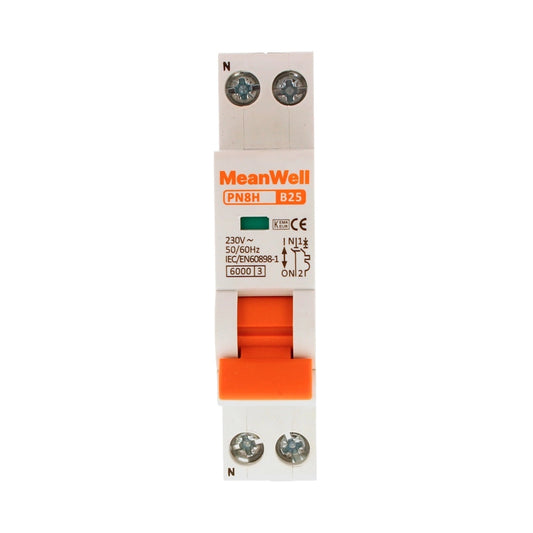 Interruttore Magnetetermico MeanWell Curva B 1 Polo+Neutro 1M 6kA B25A AC 230V IP20 IEC60898