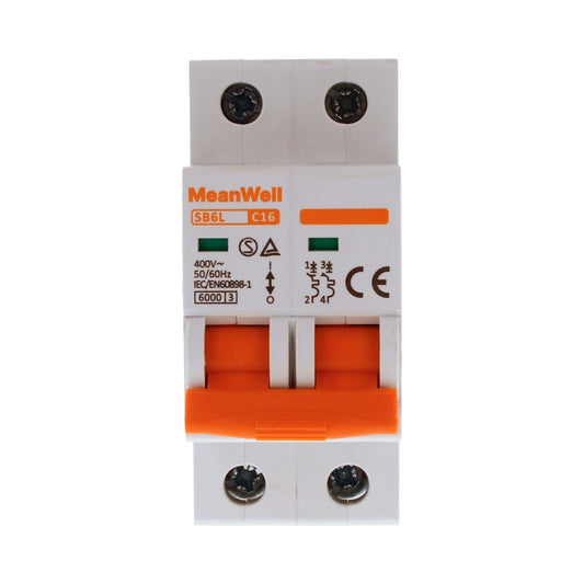 Interruttore Magnetetermico MeanWell Curva C 2P 2M 6kA C16A AC 400V IP20 IEC60898
