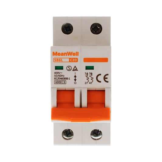 Interruttore Magnetetermico MeanWell Curva C 2P 2M 6kA C20A AC 400V IP20 IEC60898
