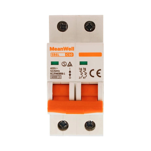 Interruttore Magnetetermico MeanWell Curva C 2P 2M 6kA C50A AC 400V IP20 IEC60898