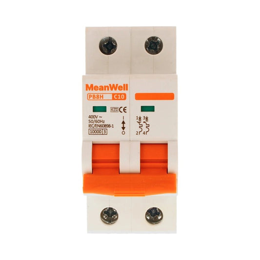 Interruttore Magnetetermico MeanWell Curva C 2P 2M 10kA C10A AC 400V IP20 IEC60898