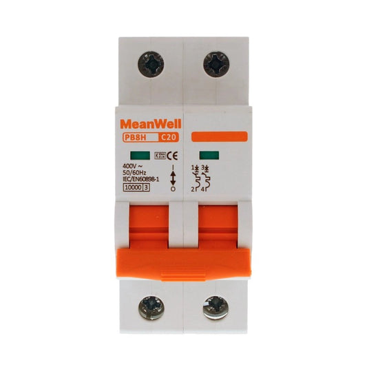 Interruttore Magnetetermico MeanWell Curva C 2P 2M 10kA C20A AC 400V IP20 IEC60898