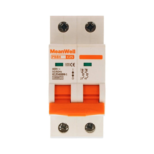 Interruttore Magnetetermico MeanWell Curva C 2P 2M 10kA C25A AC 400V IP20 IEC60898