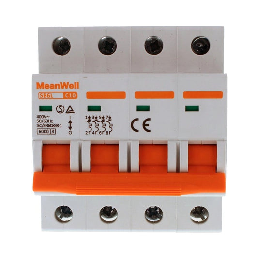 Interruttore Magnetetermico MeanWell Curva C 4P 4M 6kA C10A AC 400V IP20 IEC60898