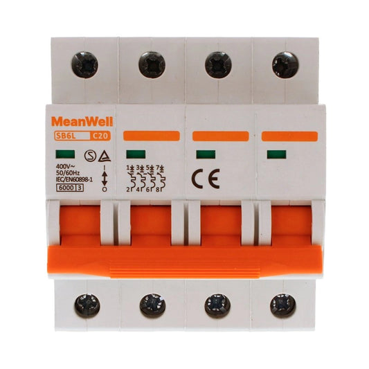 Interruttore Magnetetermico MeanWell Curva C 4P 4M 6kA C20A AC 400V IP20 IEC60898