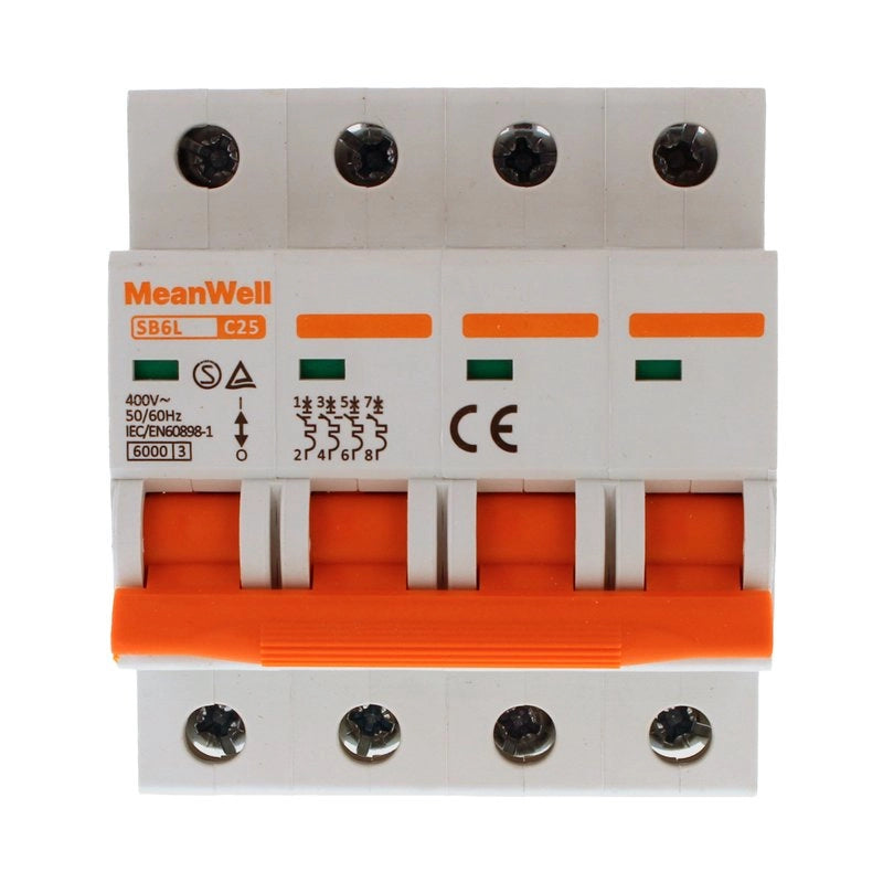 Interruttore Magnetetermico MeanWell Curva C 4P 4M 6kA C25A AC 400V IP20 IEC60898