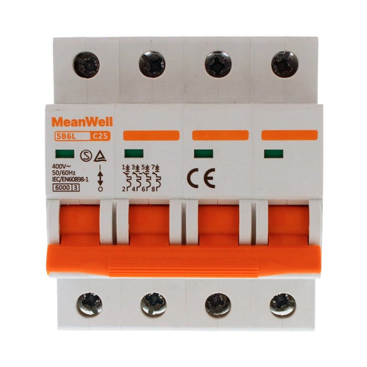 Interruttore Magnetetermico MeanWell Curva C 4P 4M 6kA C25A AC 400V IP20 IEC60898