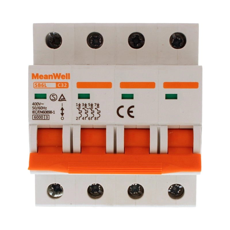 Interruttore Magnetetermico MeanWell Curva C 4P 4M 6kA C32A AC 400V IP20 IEC60898