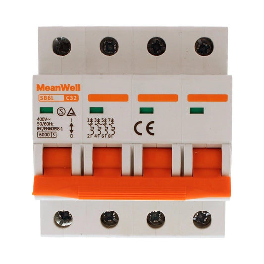 Interruttore Magnetetermico MeanWell Curva C 4P 4M 6kA C32A AC 400V IP20 IEC60898