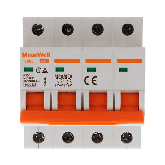 Interruttore Magnetetermico MeanWell Curva C 4P 4M 6kA C40A AC 400V IP20 IEC60898
