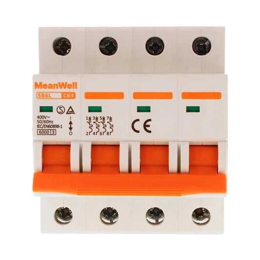 Interruttore Magnetetermico MeanWell Curva C 4P 4M 6kA C63A AC 400V IP20 IEC60898