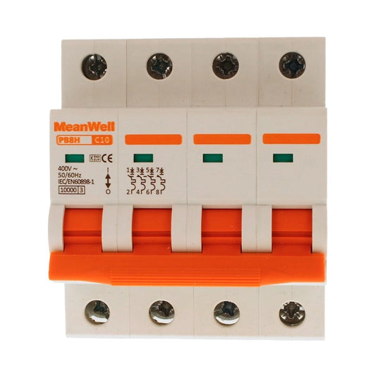 Interruttore Magnetetermico MeanWell Curva C 4P 4M 10kA C10A AC 400V IP20 IEC60898
