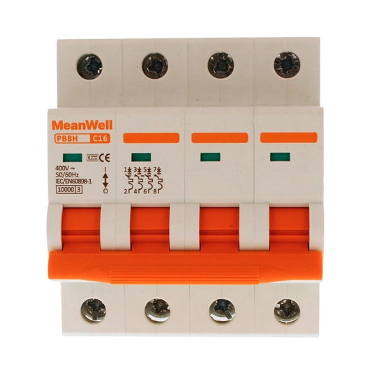 Interruttore Magnetetermico MeanWell Curva C 4P 4M 10kA C16A AC 400V IP20 IEC60898