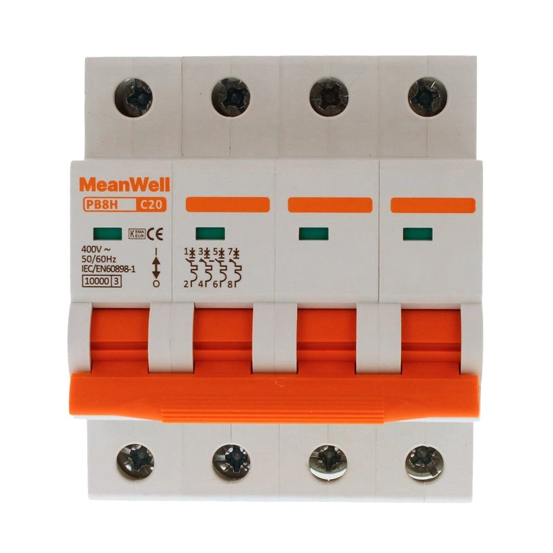 Interruttore Magnetetermico MeanWell Curva C 4P 4M 10kA C20A AC 400V IP20 IEC60898