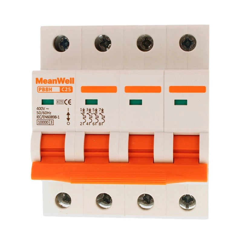 Interruttore Magnetetermico MeanWell Curva C 4P 4M 10kA C25A AC 400V IP20 IEC60898