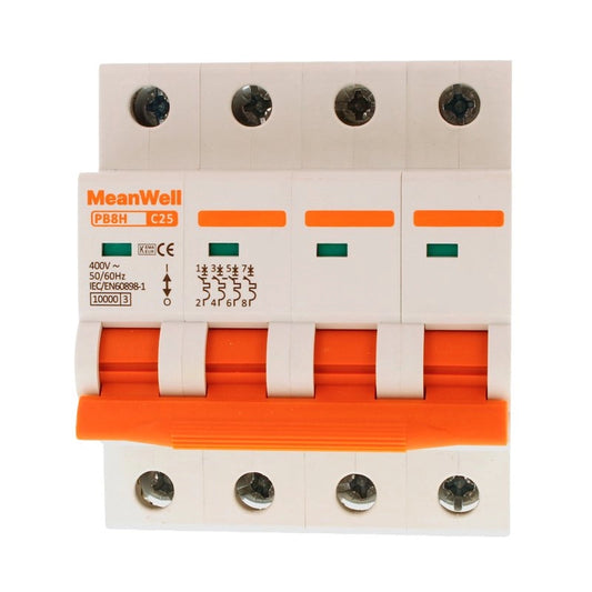 Interruttore Magnetetermico MeanWell Curva C 4P 4M 10kA C25A AC 400V IP20 IEC60898