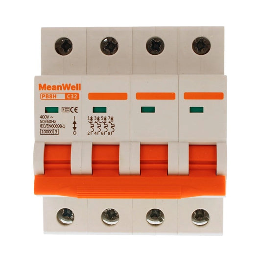 Interruttore Magnetetermico MeanWell Curva C 4P 4M 10kA C32A AC 400V IP20 IEC60898