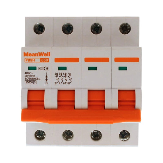 Interruttore Magnetetermico MeanWell Curva C 4P 4M 10kA C50A AC 400V IP20 IEC60898