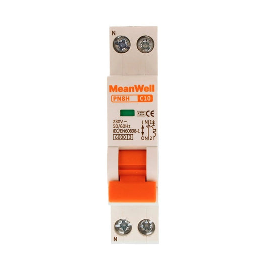 Interruttore Magnetetermico MeanWell Curva C 1 Polo+Neutro 1M 6kA C10A AC 230V IP20 IEC60898